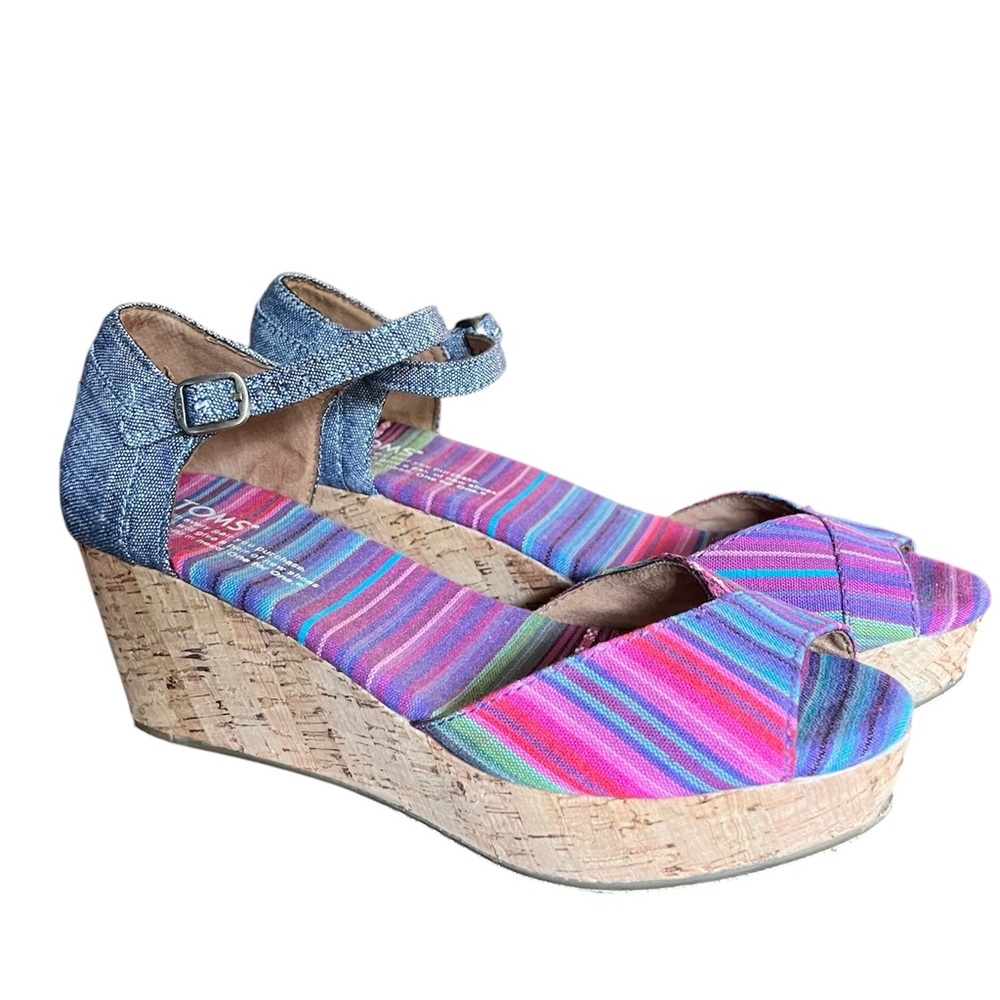 Toms Platform Wedge Strappy Aztec Chambray Print Open Toe Sandals Women’s Size 7